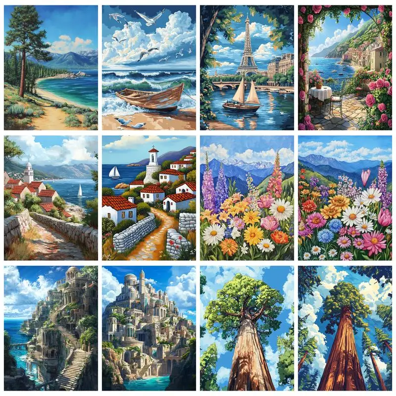 

PhotoCustom Painting By Number Coastal Trees Kits Handpainted Landscape Picture By Number Drawing On Canvas Home Decoration Diy