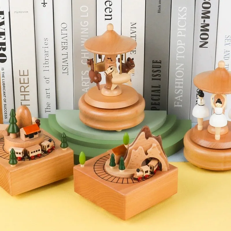 

Carousel Music Box Wooden Christmas Ornament Rotary Train Musical Box Home Decoration For Birthday Valentine' s Gifts