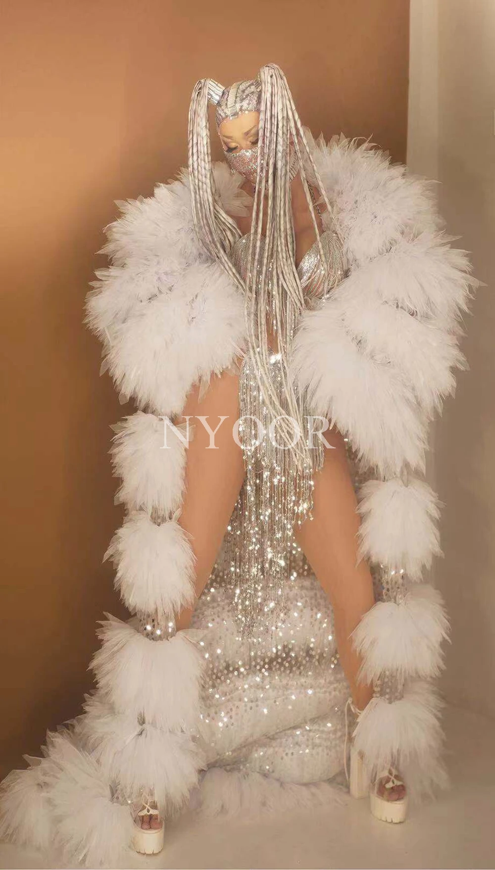 Fashion Women Sparkly Sequins White Mesh Coat Female Singer DJ Stage Show Silver Jacket Cloak Open Stitch Ds Performance Costume