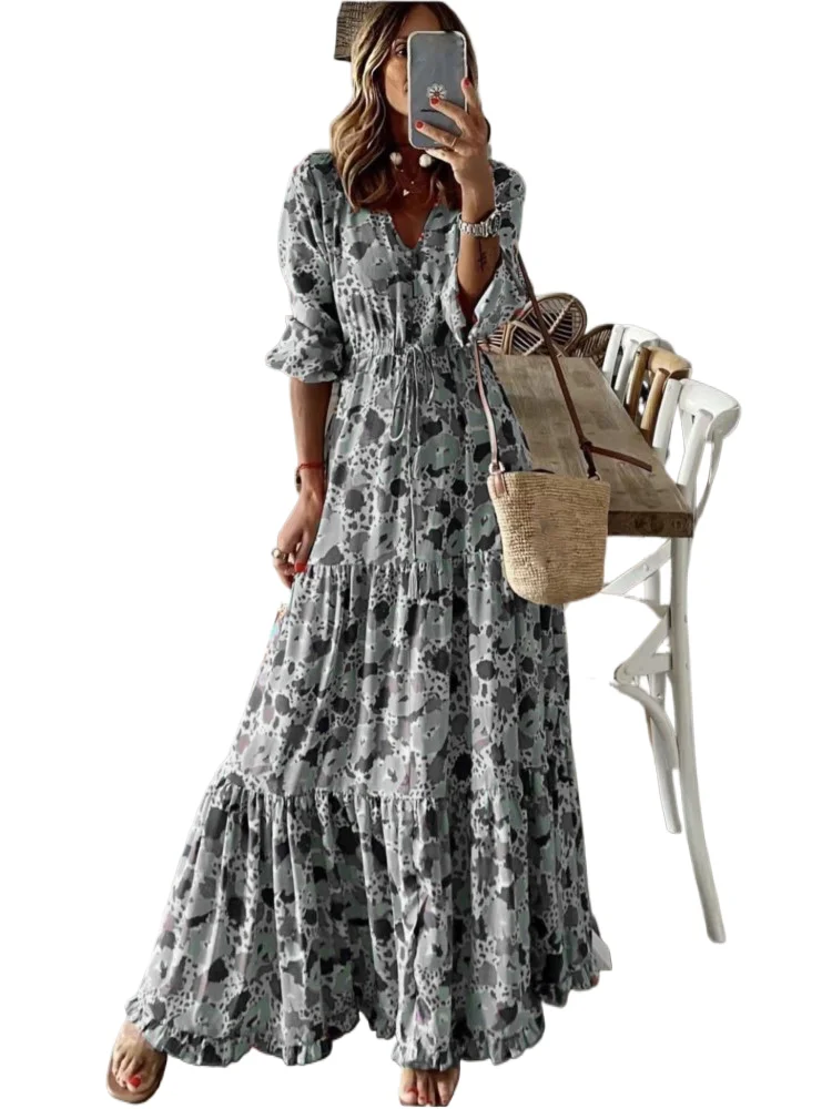 

Elegant Print Dress Lady Fashion Three Quarter V Neck High Waist Loose Dresses For Women Casual Vintage Boho Holiday Clothes New