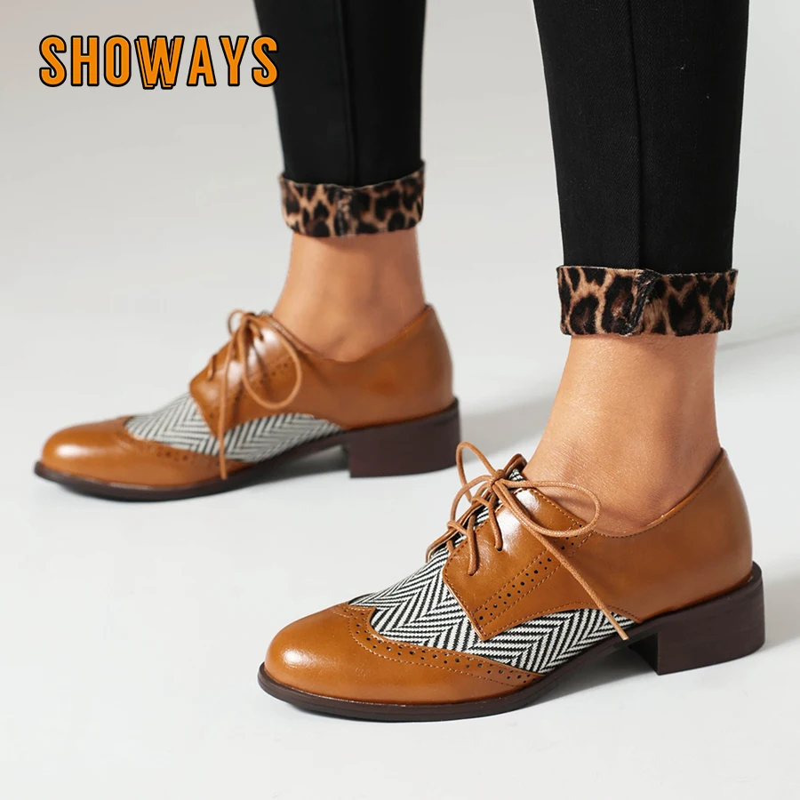 

Plus Size Vintage Women Derbies White Brown Black Gringham Patchwork Flats British Lace up Dress Lady Medium Square Heel Oxfords