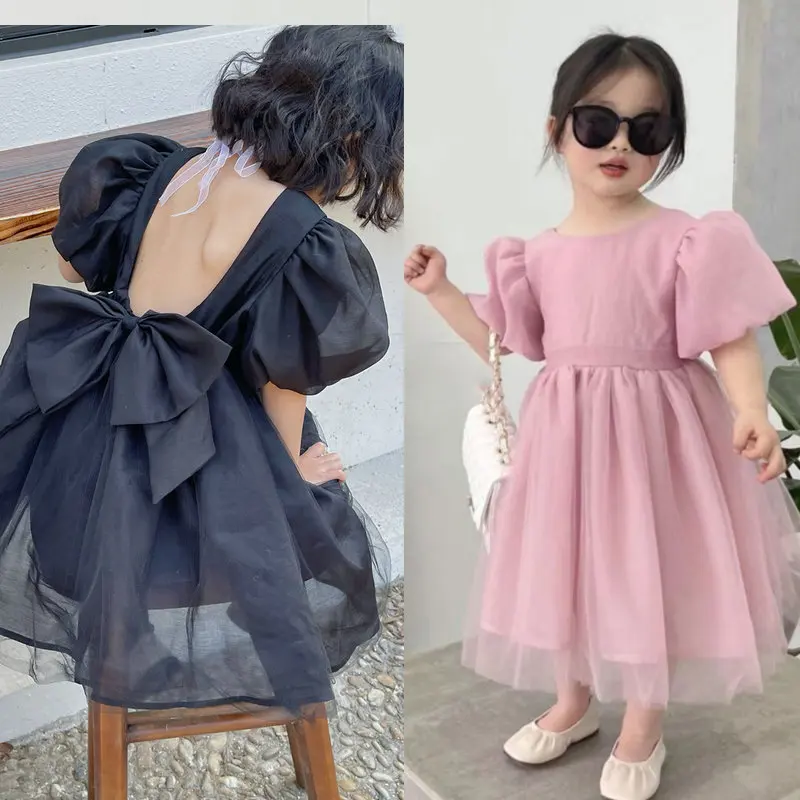 Girls Princess Dress New Korean Version Clothing Summer New Children\'S Temperament Black Dress Backless Puff Sleeves Swing Dress