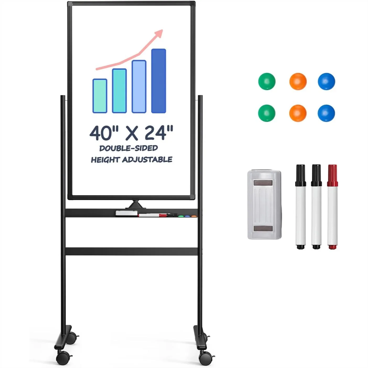 

TANKEE Rolling Whiteboard, Height Adjustable Standing Whiteboard on Wheels, 40x24 Inches Magnetic Dry Erase Board, Double Sided