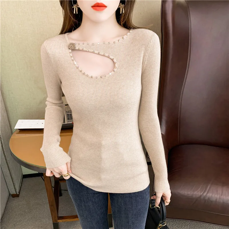 Ladies Fashion Irregular collar Nail bead Basics Sweater Women Spring Autumn Fashion Casual Woman Female OL girls Cute Pullover