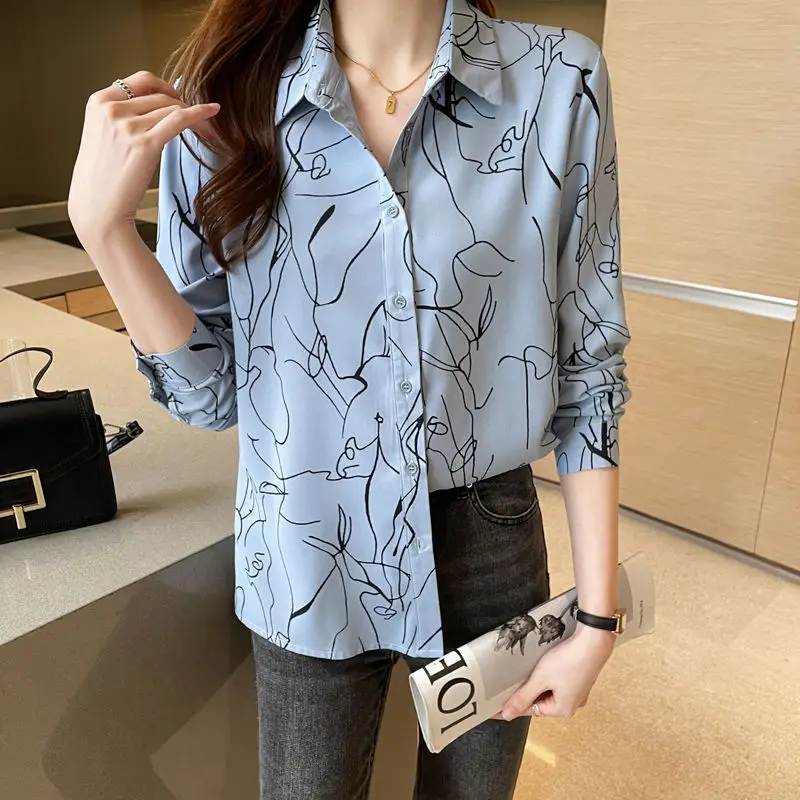 Spring Autumn Women\'s Long Sleeve Chiffon Button Up Turn-down Collar Cardigan Geometric Printed Shirt Casual Office Lady Tops