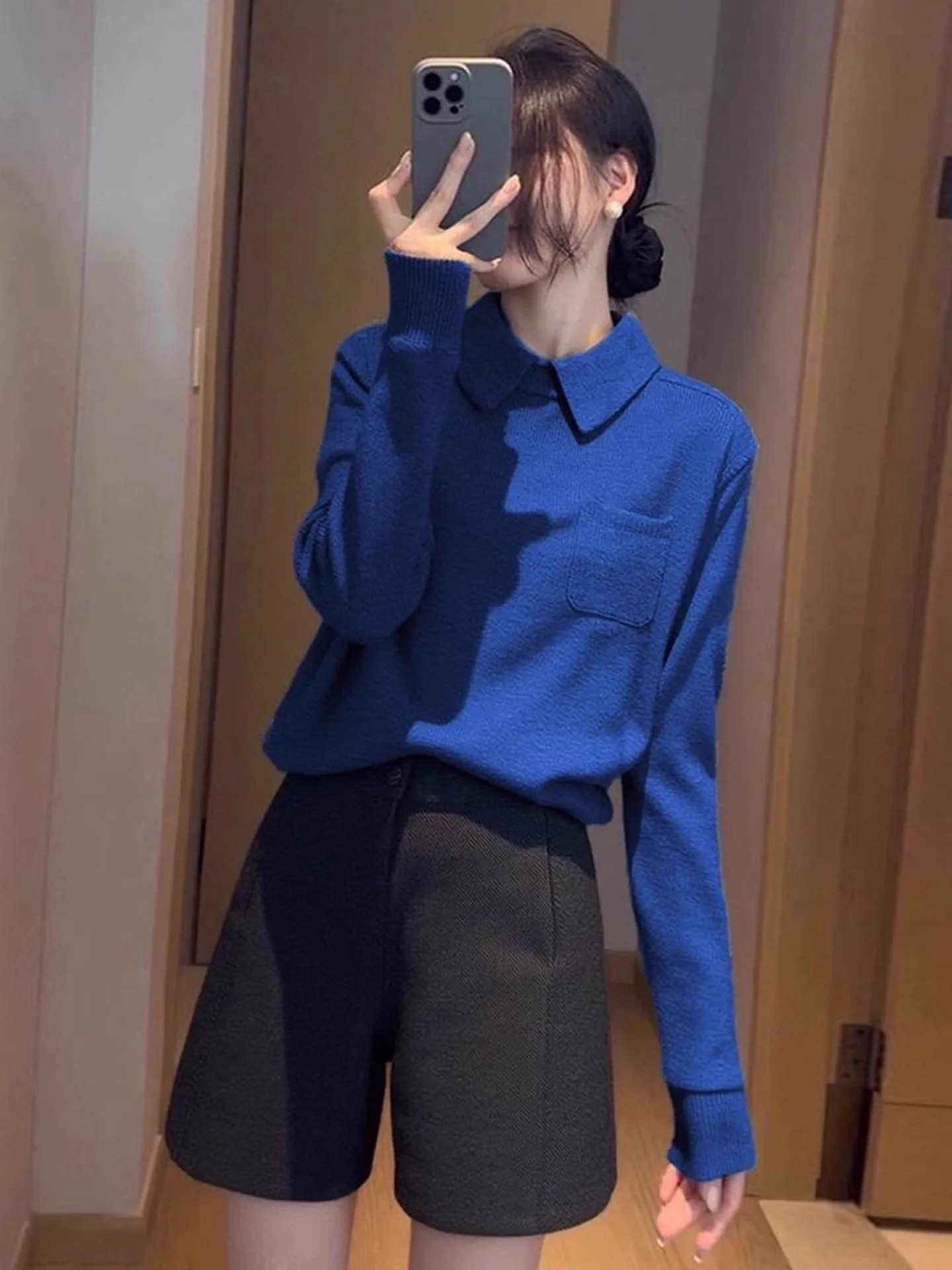 

Свободный крой Long Sve Ne Трикотаж женский осенне-зимний ленивый утягивающий топ Klein синий Повседневный свободный вязаный свитер