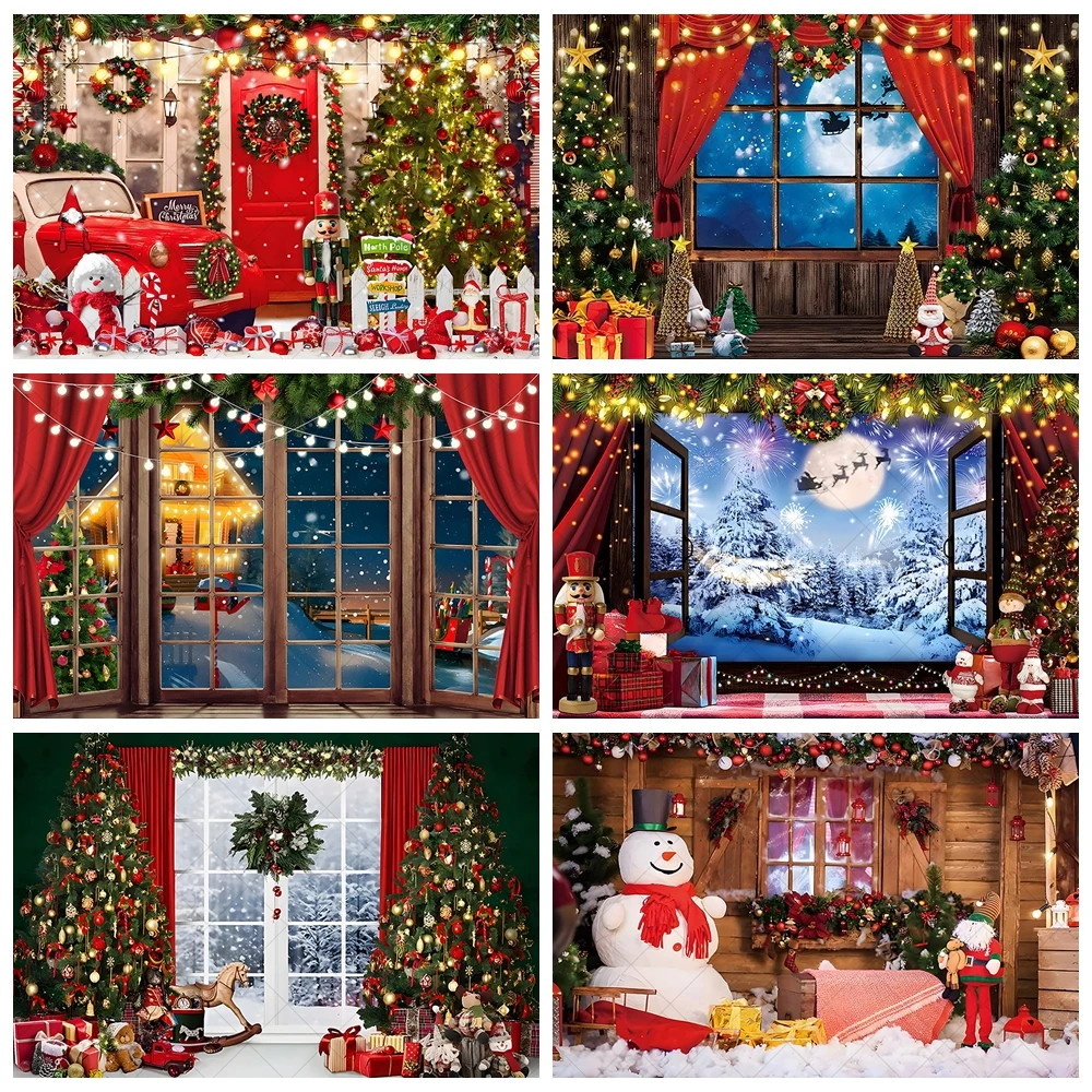 Merry Christmas Photography Backdrop Customized Winter Window Christmas Tree Party Decoration Baby Portrait Photo Studio Props