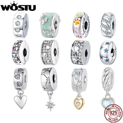 WOSTU 925 Sterling Silver Heart Clip Charm Pendant With Clear CZ Stopper Beads Fit Original Bracelet Necklace DIY Jewelry Gift