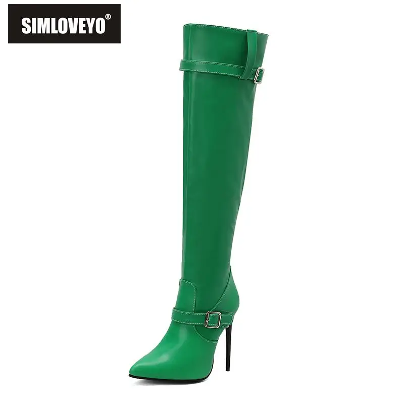 

SIMLOVEYO сексуальные эластичные ботинки для женщин с острым носком на шпильке 12 см, застежка-молния, ремень с пряжкой, большой размер 46 47 48, модная вечеринка, до бедра Bota