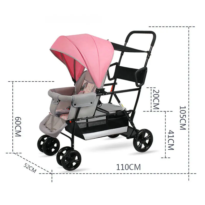 Sit And Stand Tandem Stroller, Lightweight Twins Carriage With Toddler Platform, Suit For 0-7 Ages Kids