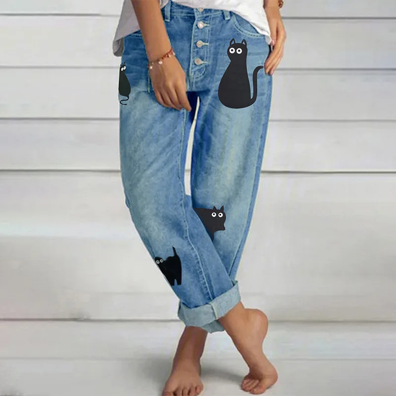 Jeans a gamba dritta con gatto con stampa retrò americana per donna 2025 Primavera Autunno Nuovi pantaloni jeans casual comodi a vita alta
