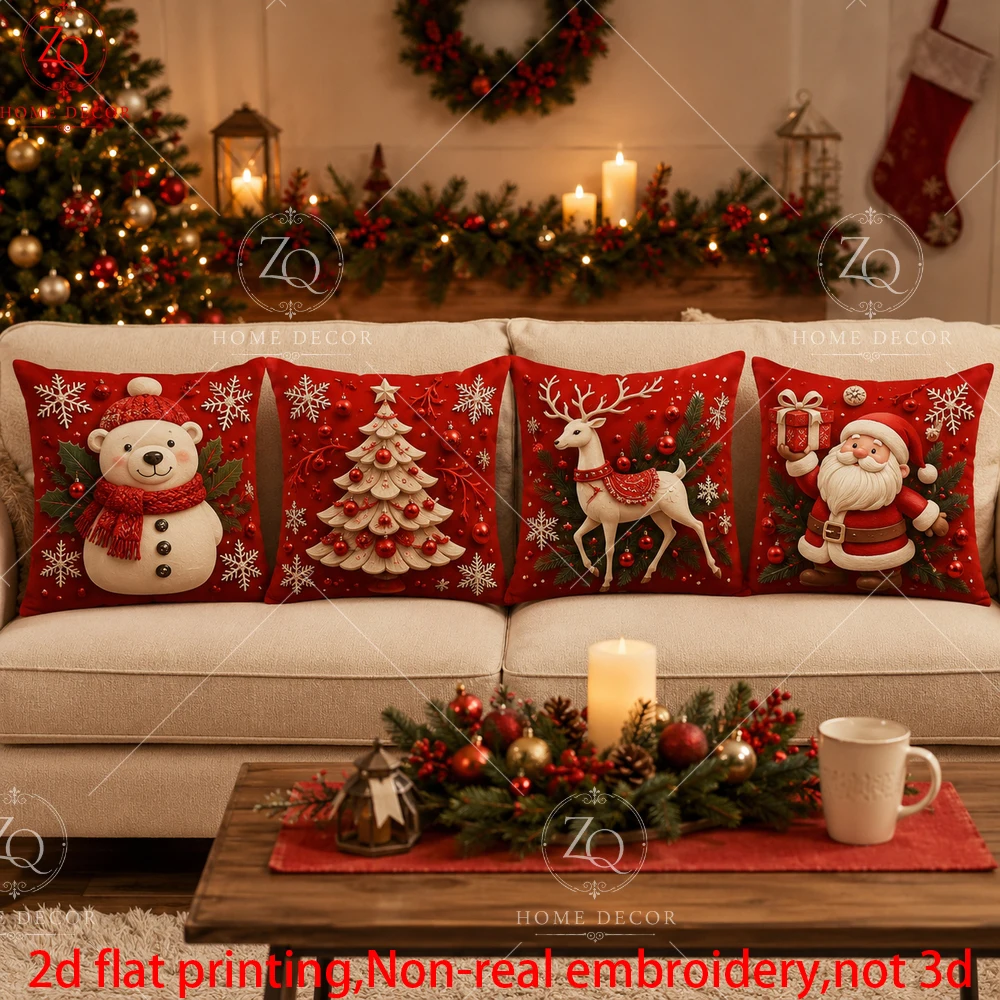 4Pcs Peach Skin Cushion Cover Merry Christmas Santa Reindeer Tree 2D Flat Printed Red Throw Pillowcase Holiday Sofa Home Decor