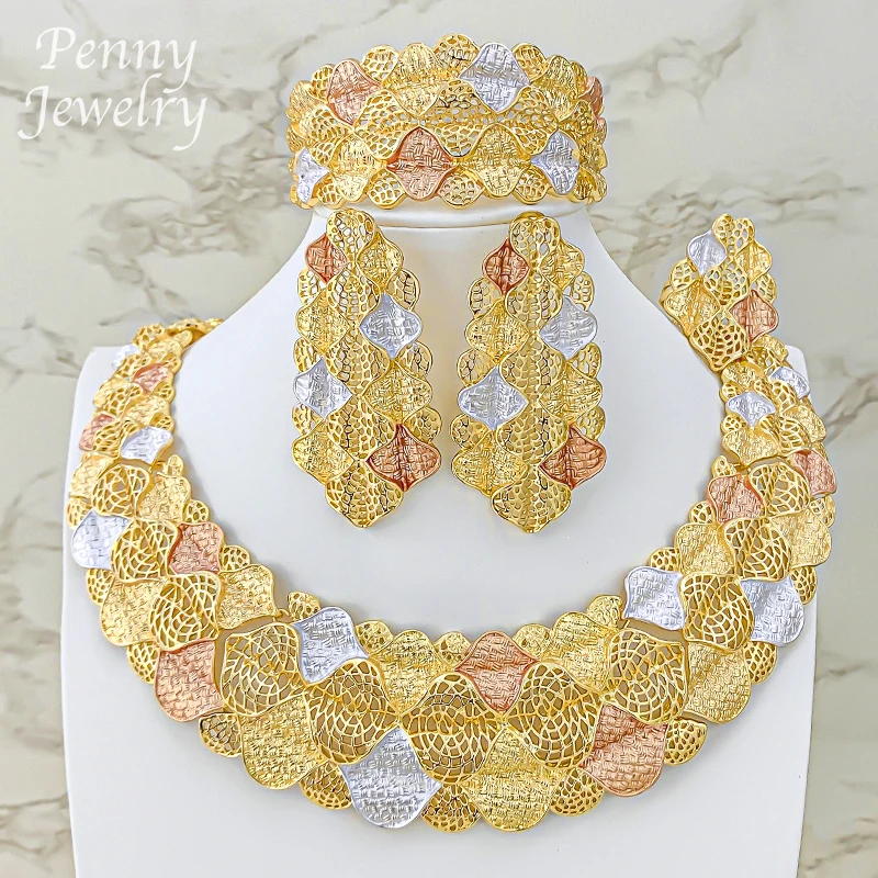 

Красочный классический комплект ювелирных изделий из 18-каратного золота в Дубае, полое ожерелье, серьги-капли, браслет, кольцо, африканский подарок для свадебной вечеринки