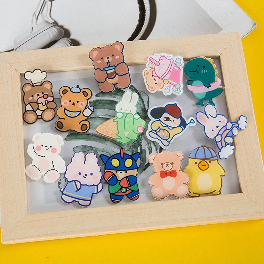 13pcs Cartoon Badge Acrylic Brooch Cute Bear And Bunny Pendant Pin Jewelry Suitable for Clothing School Bag Pencil Case Pendant