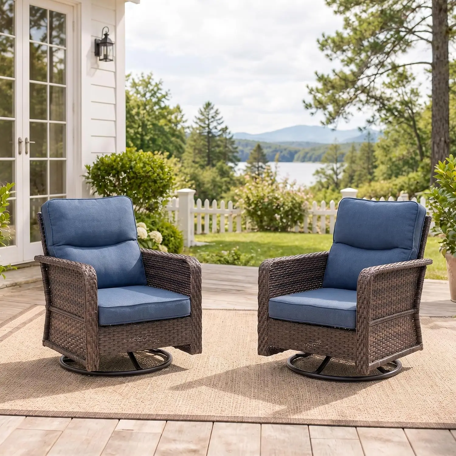 Outdoor Swivel Chairs Set of 2, 360° PE Wicker Patio Furniture, Blue, Customized