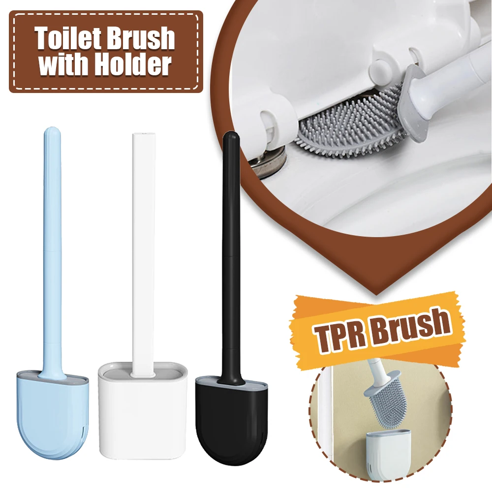 Silicone TPR Toilet Brush Toilet Bowl Brush with Holder Set Wall Hanging Toilet Brush Flexible Soft Cleaning Bristles for Floor