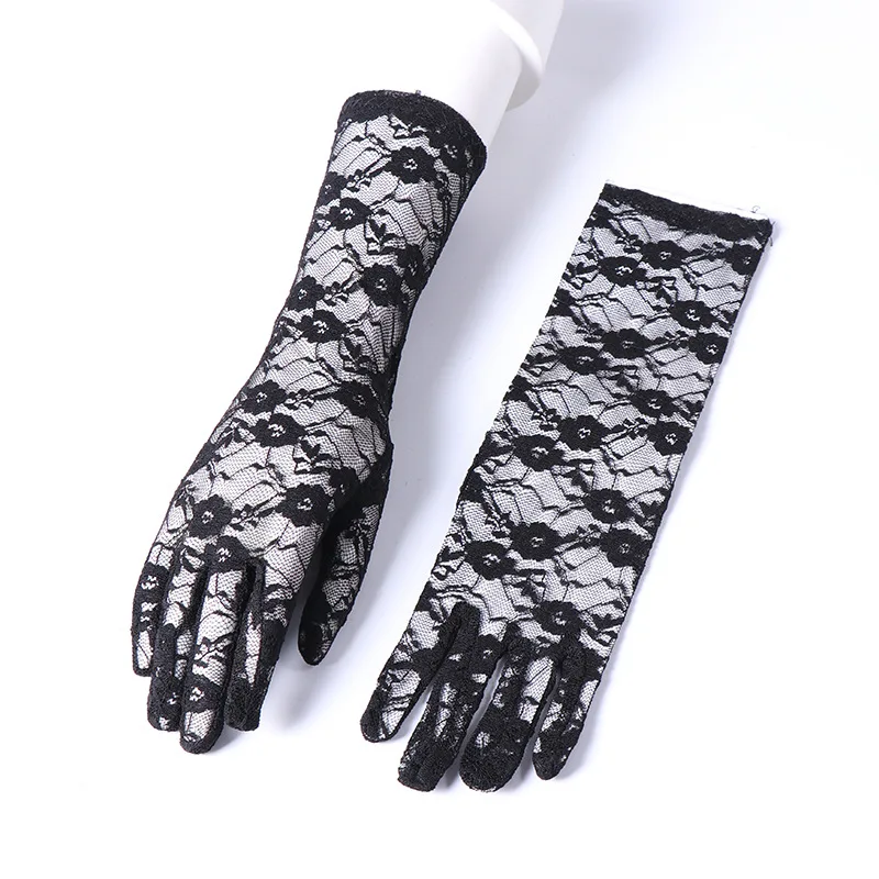 Gloves Women Mid Length Lace Mesh Hollow Breathable Thin Full Finger Flower Stretch Black Dance Ceremony Accessory Lightweight