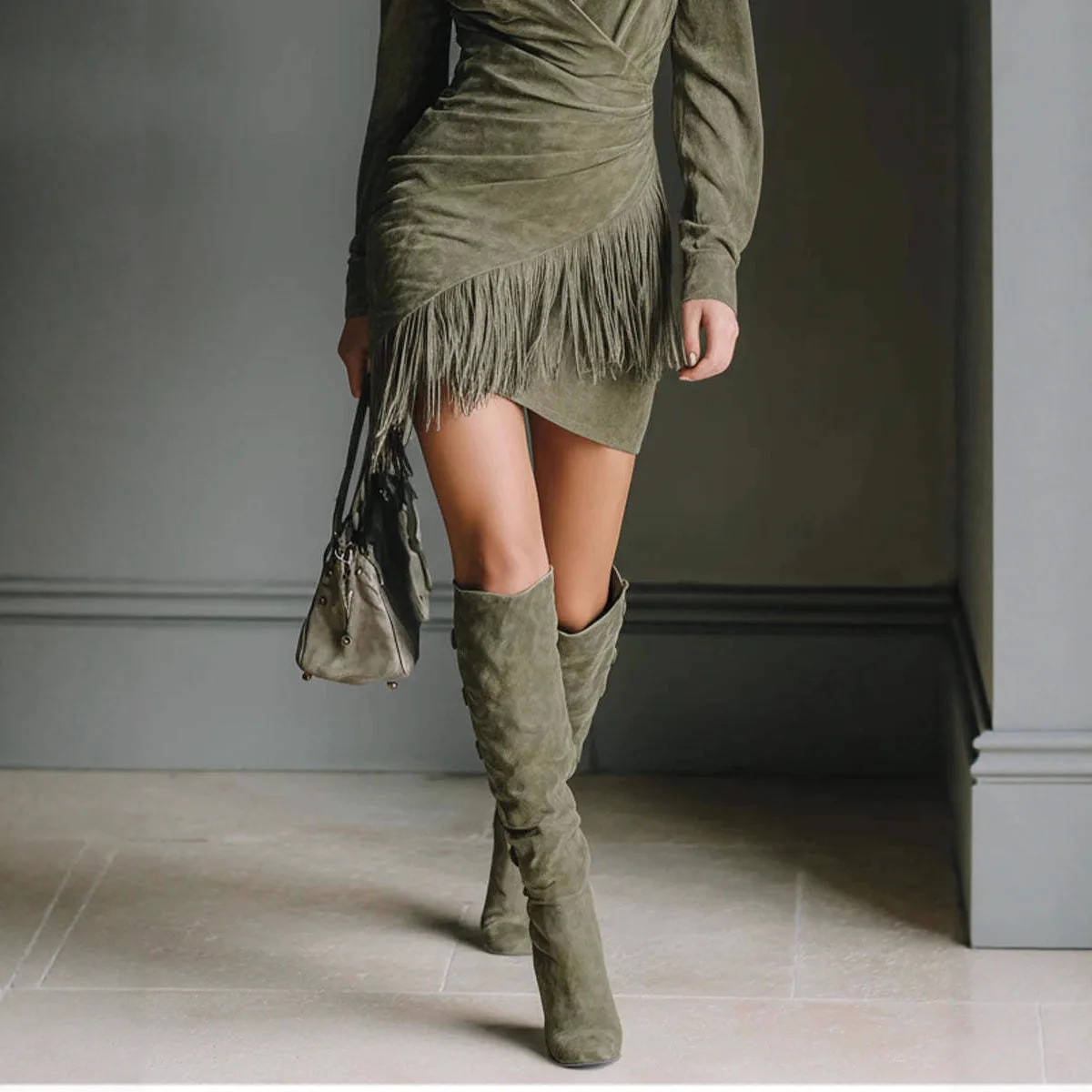 

American Retro Women's Dress Army Green Turndown Collar Long Sleeve Strappy Western Irregular Hem Sude Mini Dresses 2025