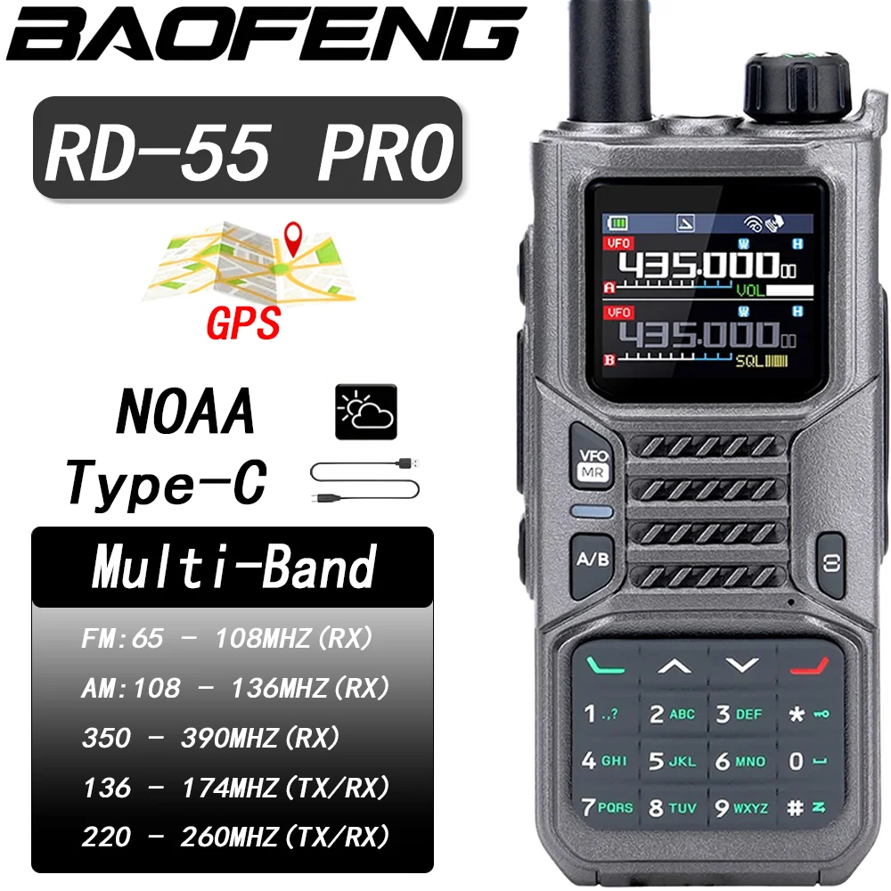 Radiotelefon Baofeng RD-55 PRO z pasmem lotniczym, wielopasmowy, programowalny przez Bluetooth, GPS, APRS, Type-C, kompas, duża moc, NOAA, radio dwukierunkowe
