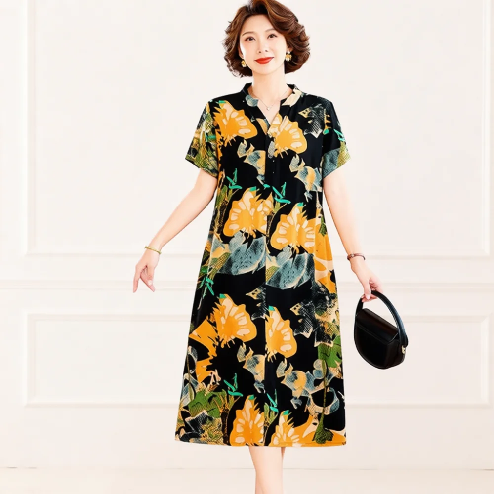 Womens Summer Dress Loose Casual V Neck Short Sleeve Big Size Dresses Mother Elegant Fashion Solid Color Shift Beach Gown