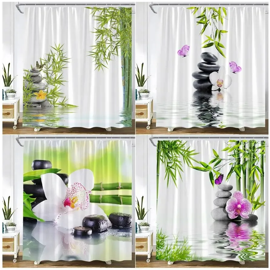 Zen Green Bamboo Shower Curtains Purple Orchid Butterfly Flowers Plants Black Stone Spa Nature Scenery Fabric Bathroom Decor Set