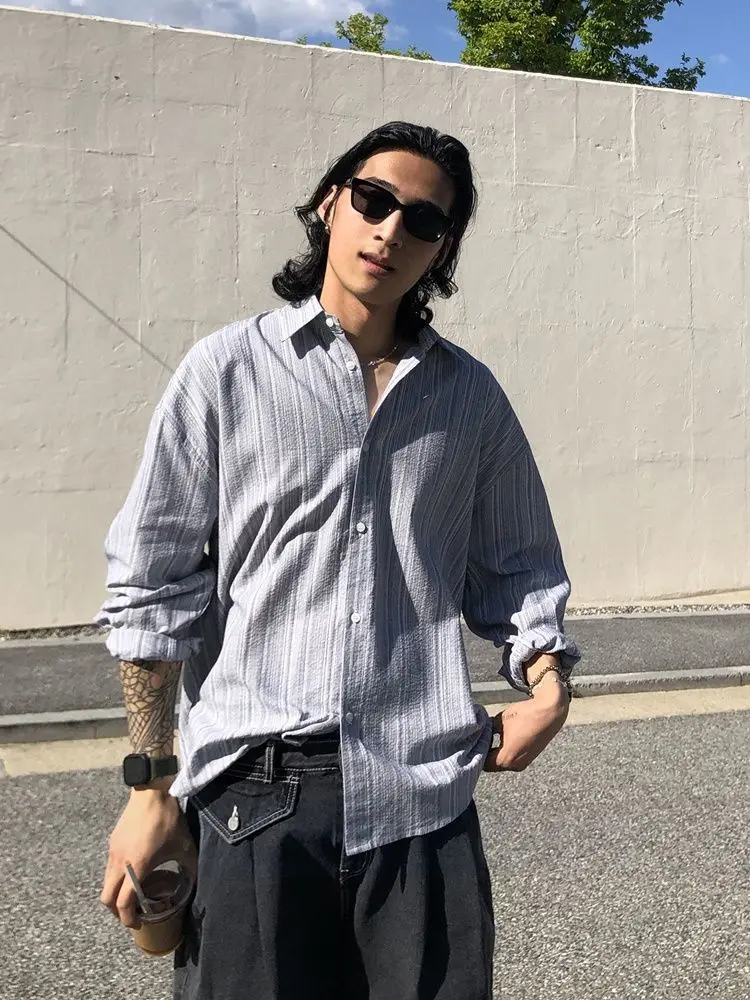 Summer Linen Stripe Long Sleeve Shirt Men Loose Fit Linen Jacket Sun Protection Casual Shirt