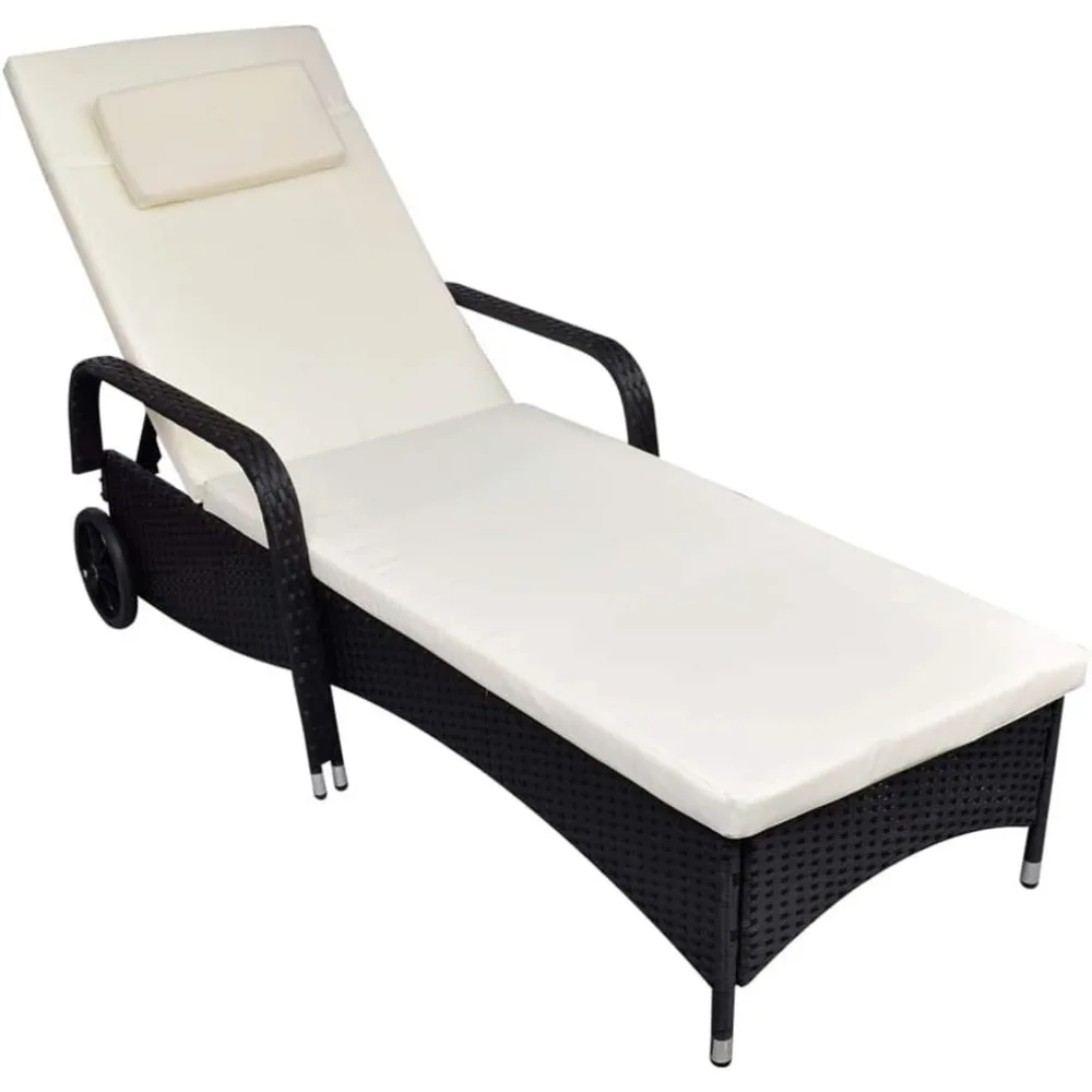 

Sun Lounger with Cushion & Wheels Poly Rattan Black