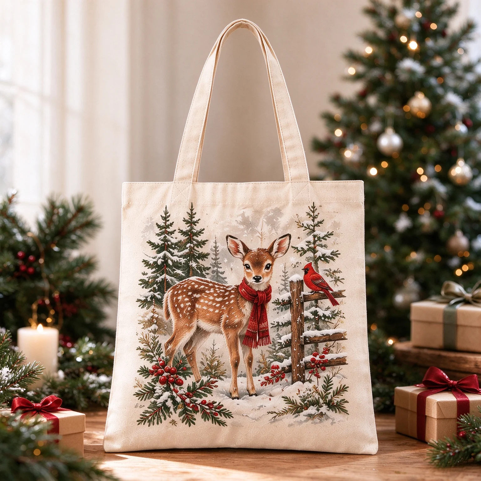 Vintage Winter Deer Cardinal Bird Canvas Tote Bag Large Reusable Shopping Handbag Women Casual Shoulder Bag Holiday Xmas Gift