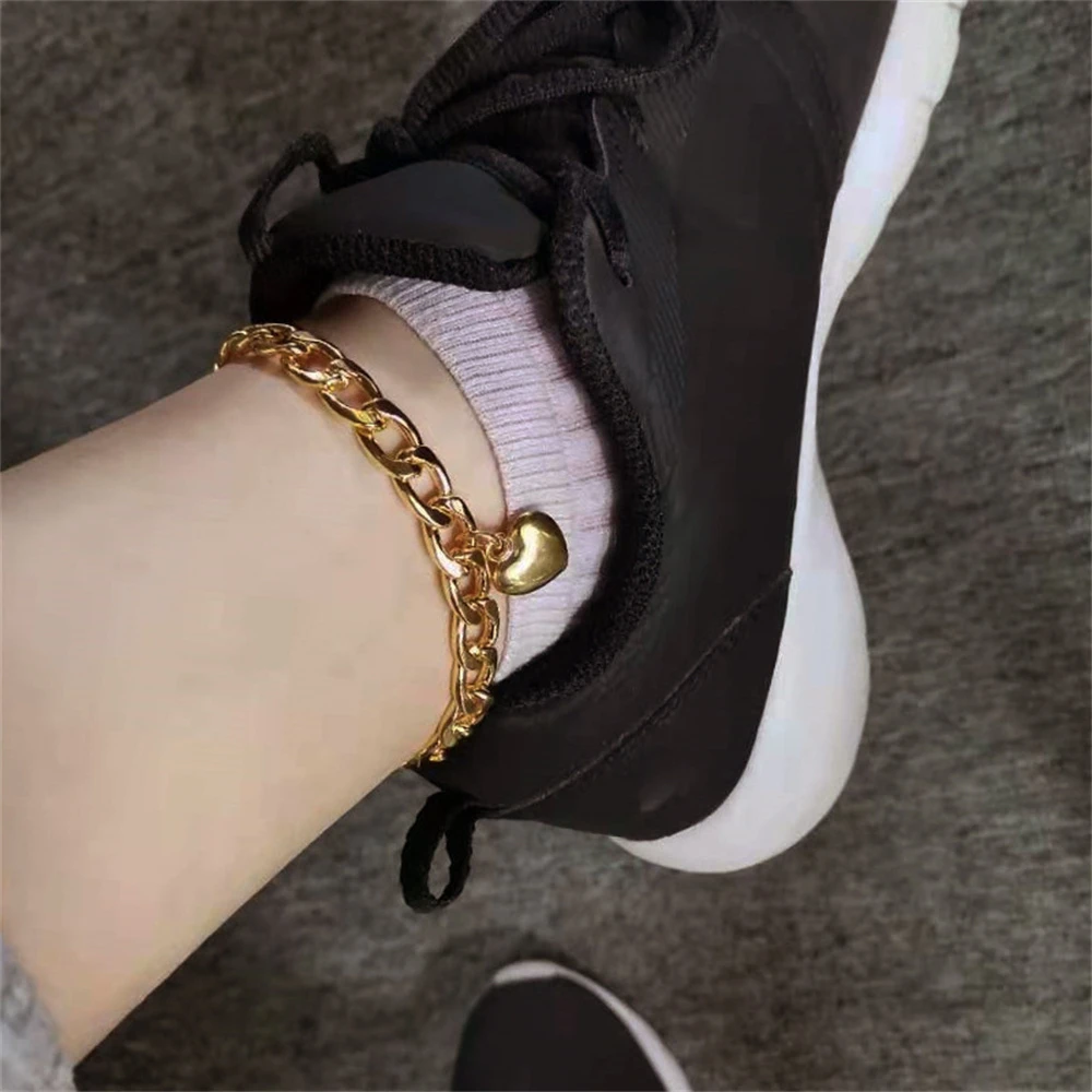 Stainless Steel Heart Anklets Fashion Cuban Chain Accessory Summer Beach Anklet For Women Foot Jewelry Gold Color Feet Gifts