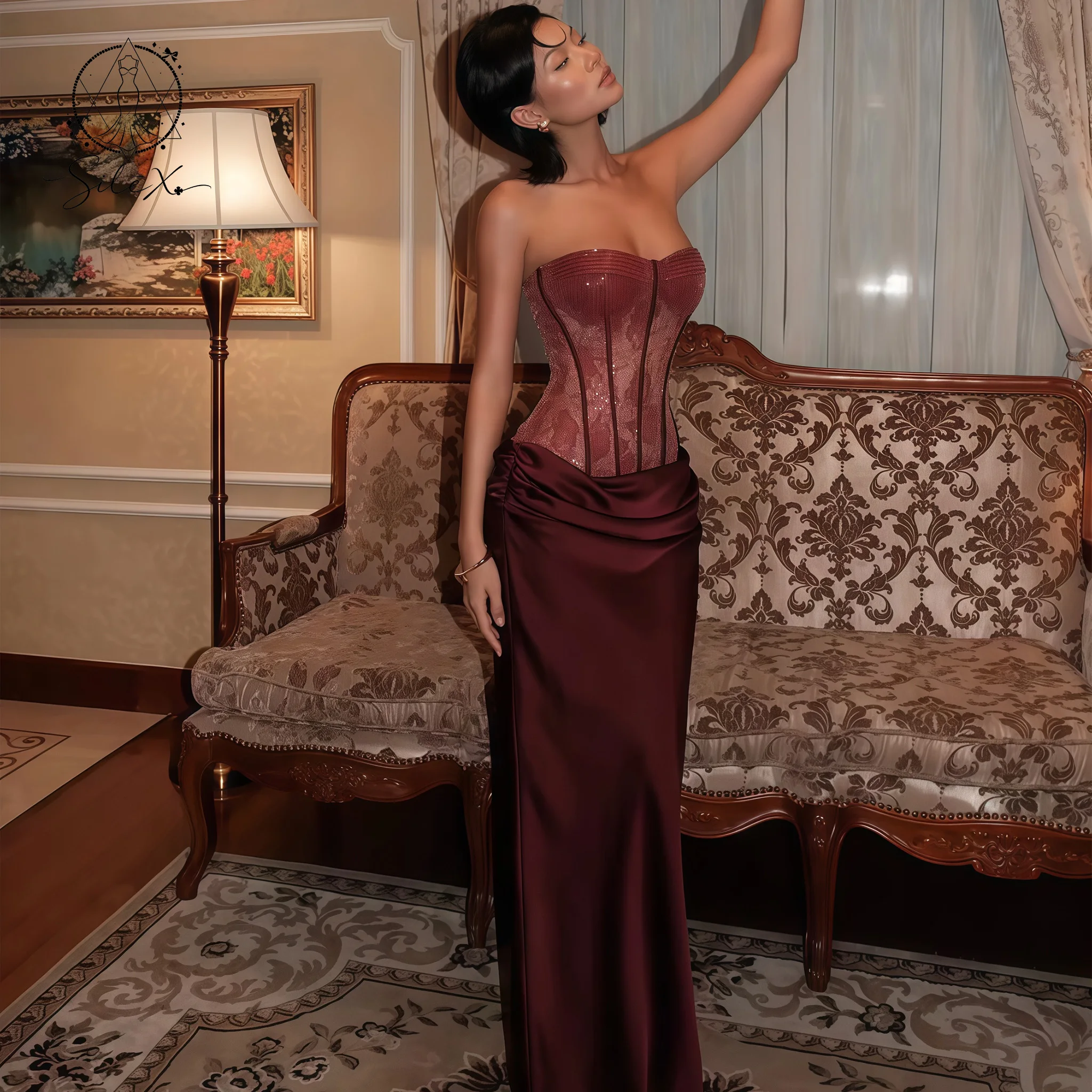 Red strapless sleeveless fish-tail floor-length formal ball gown with lace and bone-braided waistline