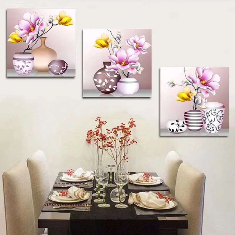 DIY full Diamond Embroidery,Round Diamond 5D Vase Magnolia Triptych Living room decoration rhinestone beads Diamond painting