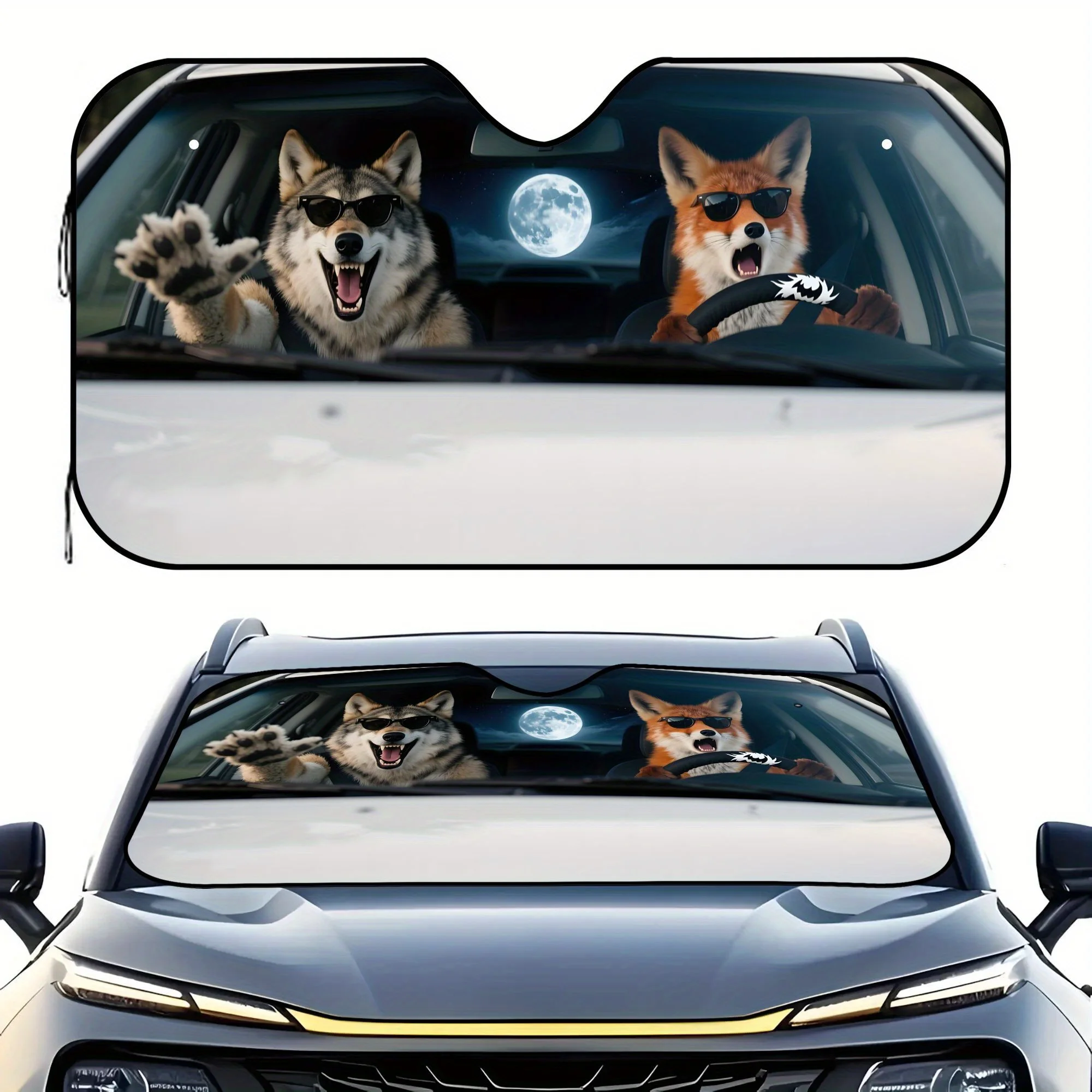 Wolf Fox Driving Car Front Windshield Visor - UV Protection & Sun Glare Reduction, Roll-Up Design For Most Car Models, Durable P