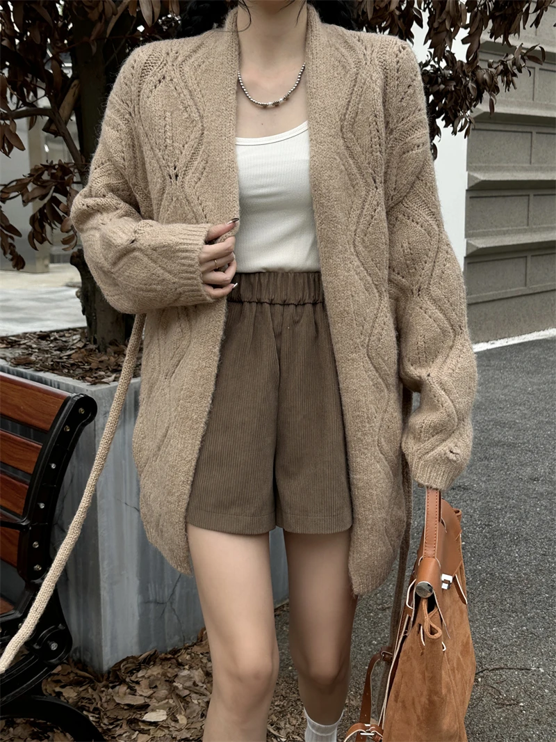 

Wool lace up loose knit cardigan for women, medium length thick needle, soft and sticky hollow out long sleeved sweater jacket
