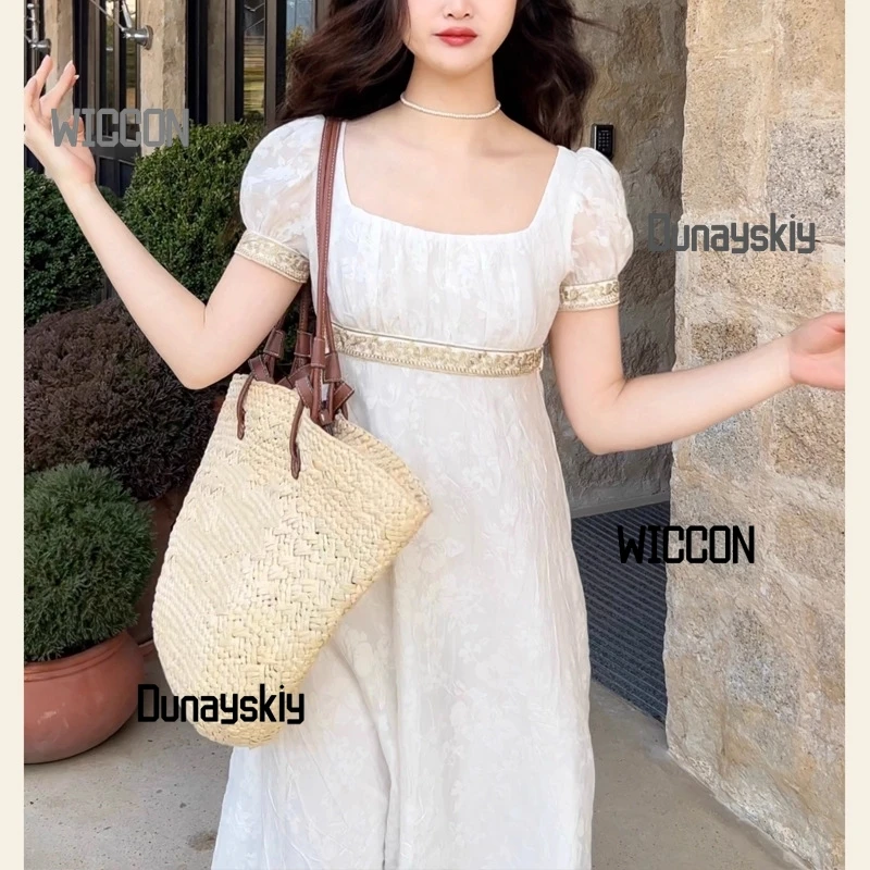 Imperial white dress Lolita dress cosplay costume accessions Jirai Kei  French vacation waist cinching long dress summer cosply