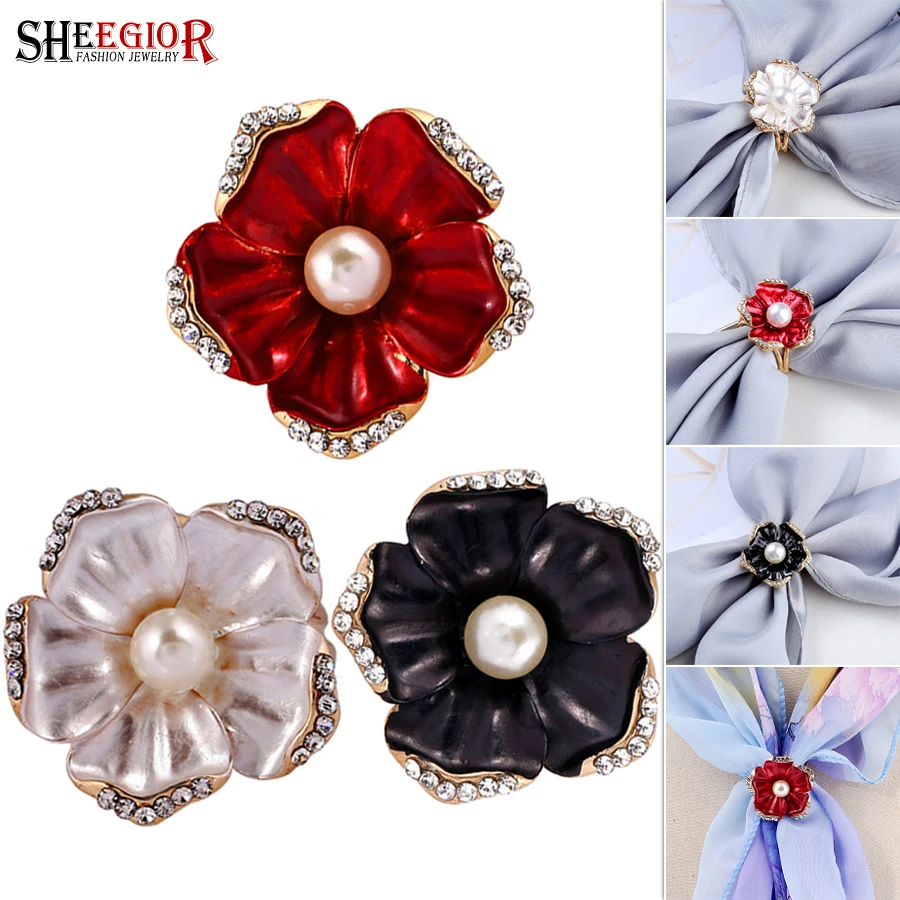 Lovely Pearl Flower Scarf Buckle Brooch Fashion Ornaments Color Enamel Peony Flower Corner Button Brooches for Women Accessories