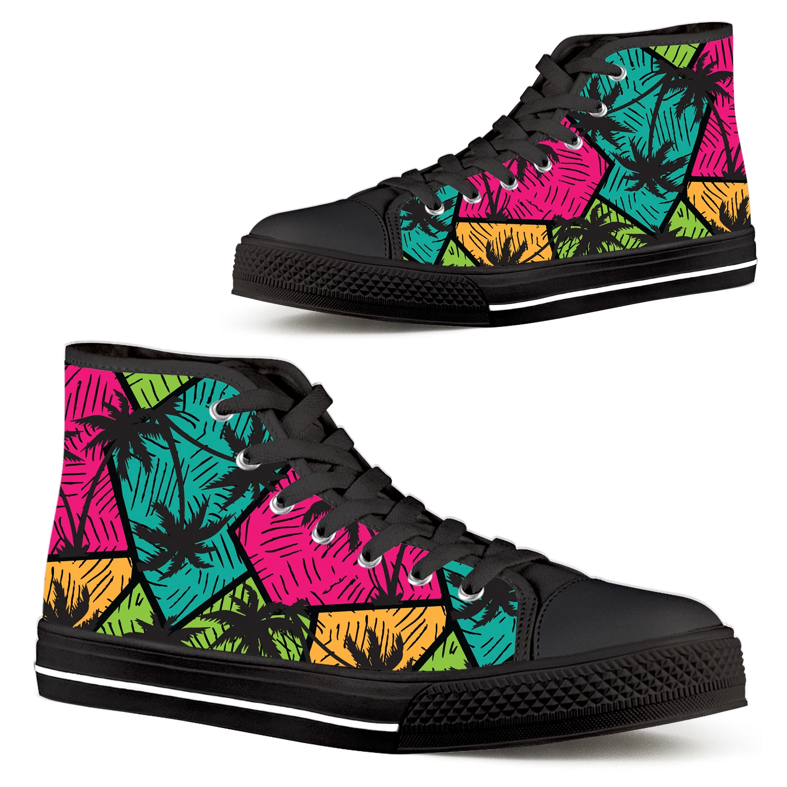 

ELVISWORDS Abstract Art Palm Tree Ladies Shoes Black Soft Sole Lace-Up Shoes Classic Women's Vulcanized Shoes Canvas Footwear