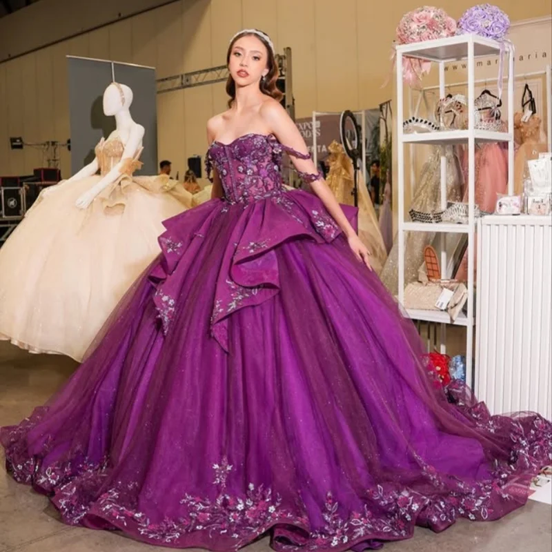 

Shiny Purple Quinceanera Dress off-shoulder flower decal Lace layering Long tail Bow vestidos de 15 Quinceanera ﻿Customize