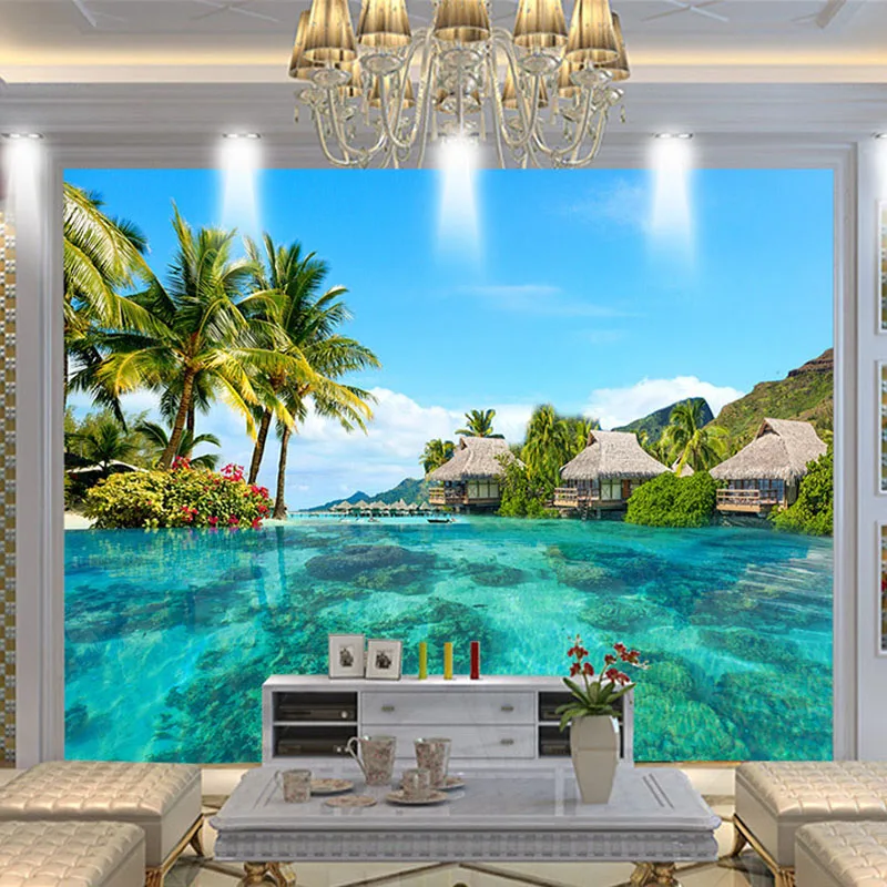 Papel pintado con foto 3D personalizado, Mural de playa de mar, pintura de paisaje Natural, fondo de TV para sala de estar, revestimiento de paredes