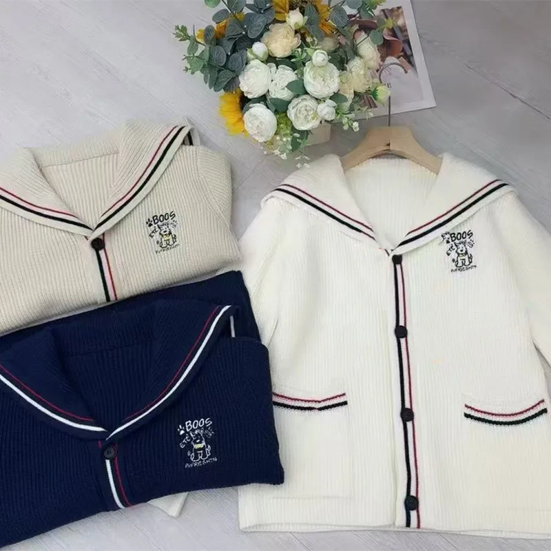 Cartoon Letter Embroidery Knitted Open Cardigan Casual Navy Collar Women's Sweater Autumn Winter New Sle Simple Leisure Swe...