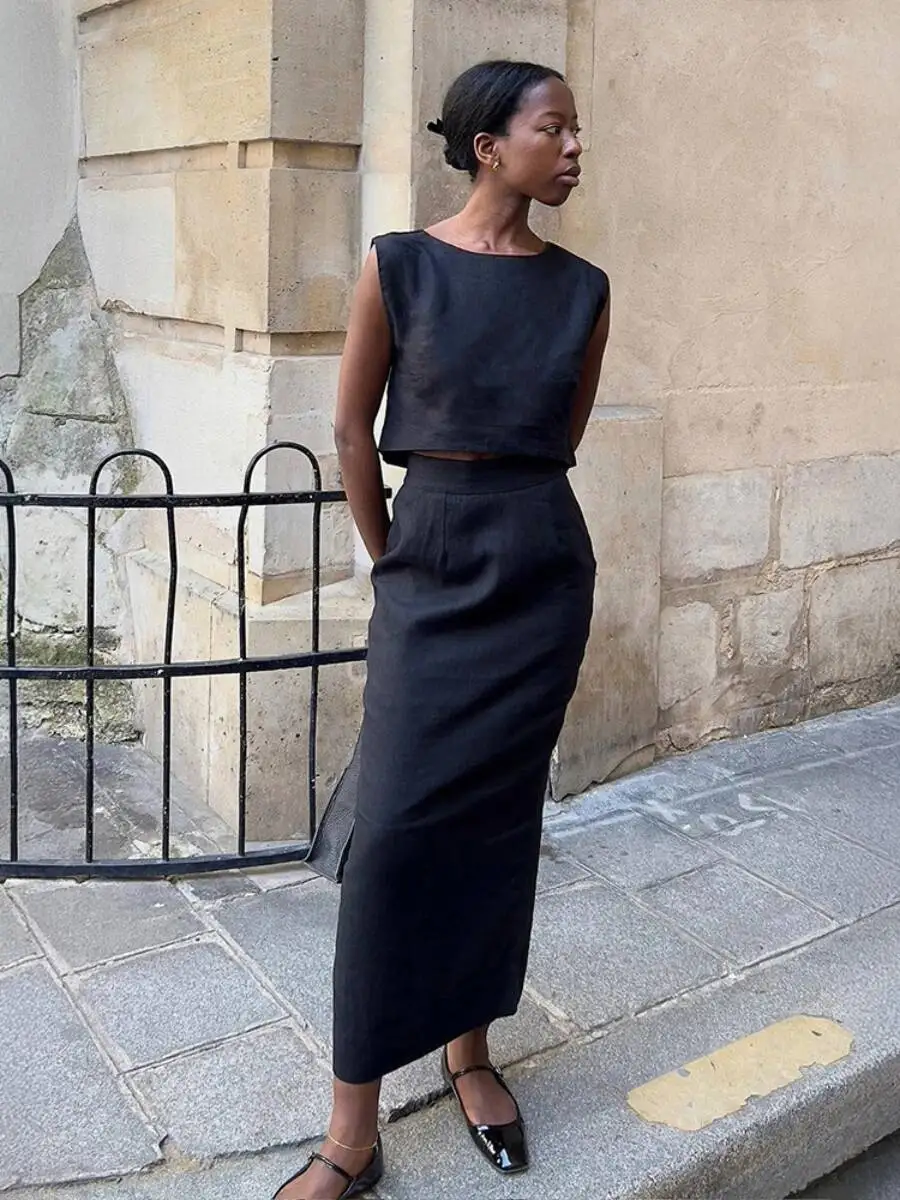 

Cotton Linen Vest Half Skirt 2-Piece Set Women's Summer New Chic Short Vest Casual Set Split Long Skirt Suits P9AQ