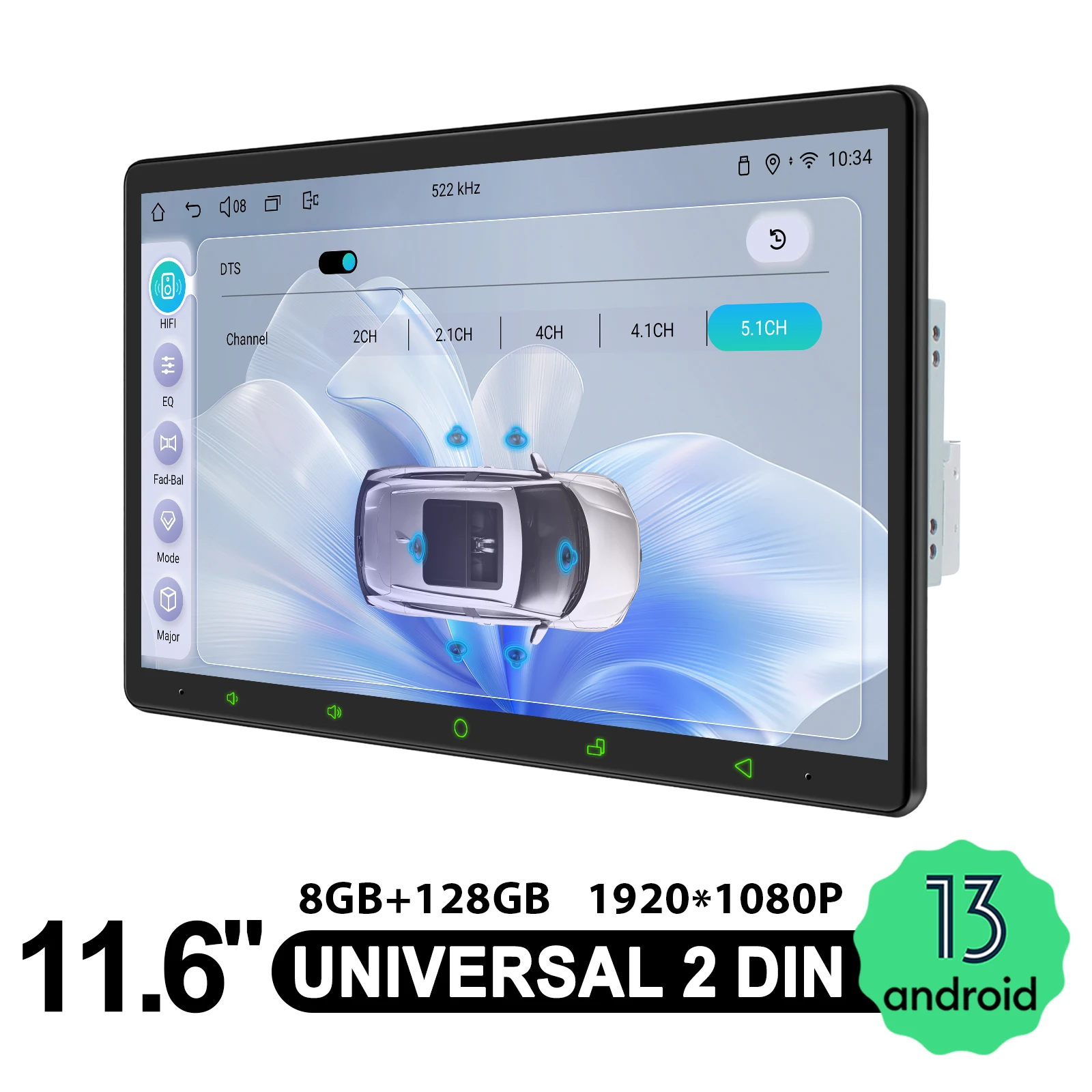 Joying 11,6 "1920*1080 8G 128G Universal Android 13 Radio de coche estéreo doble Din o unidad principal de un solo Din reproductor de vídeo Multimedia