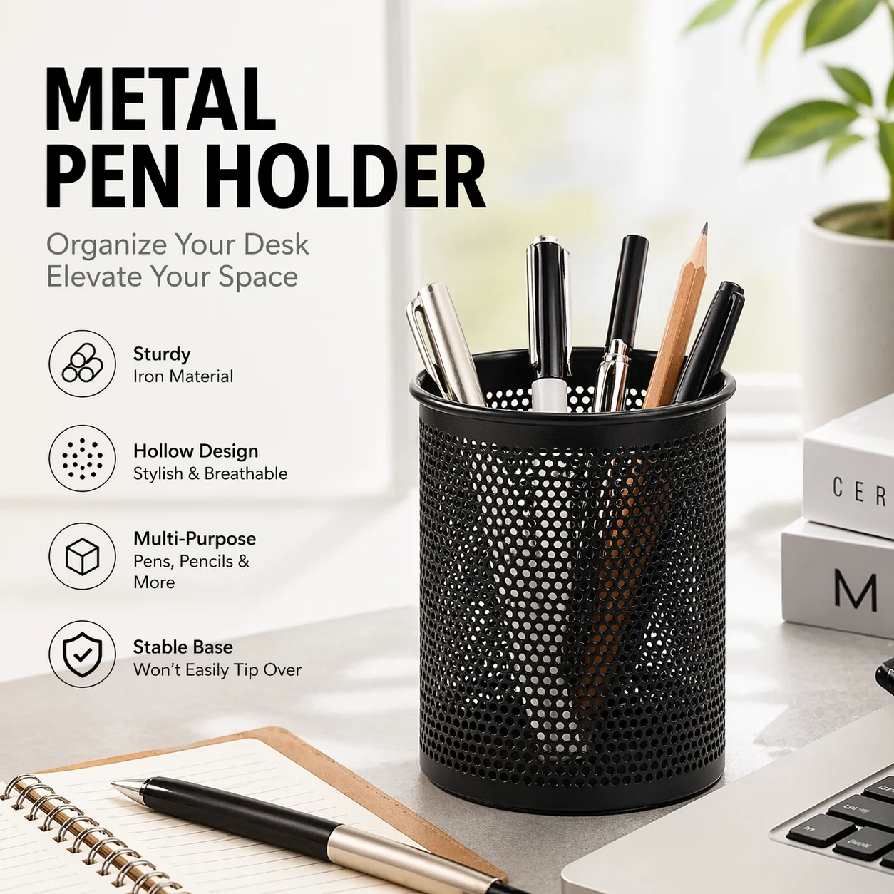 Comix Black Hollow Iron Art Pen Holder, Multifunctional Round Metal Pencil Rack, Stationery Storage Box for Home Office School