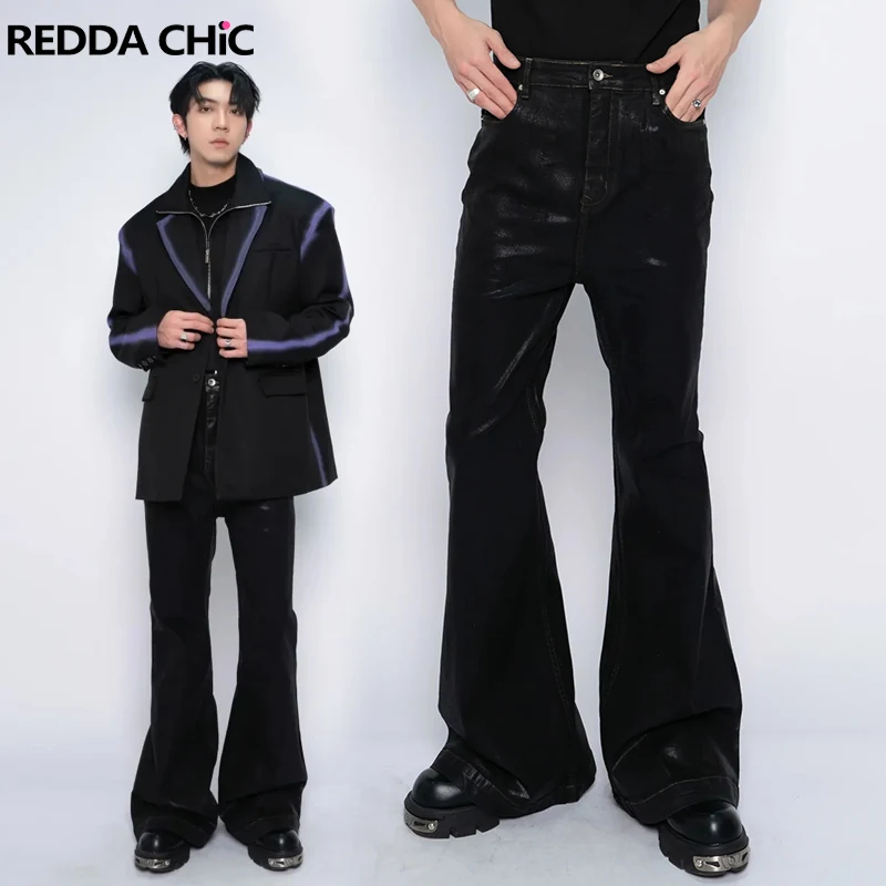 

REDDACHIC Belt Flowy Glossy Black Trousers Men Wax Coated Flare Jeans Buttoned Skinny Stretch Bootcut Pants Hiphop Retro Clothes