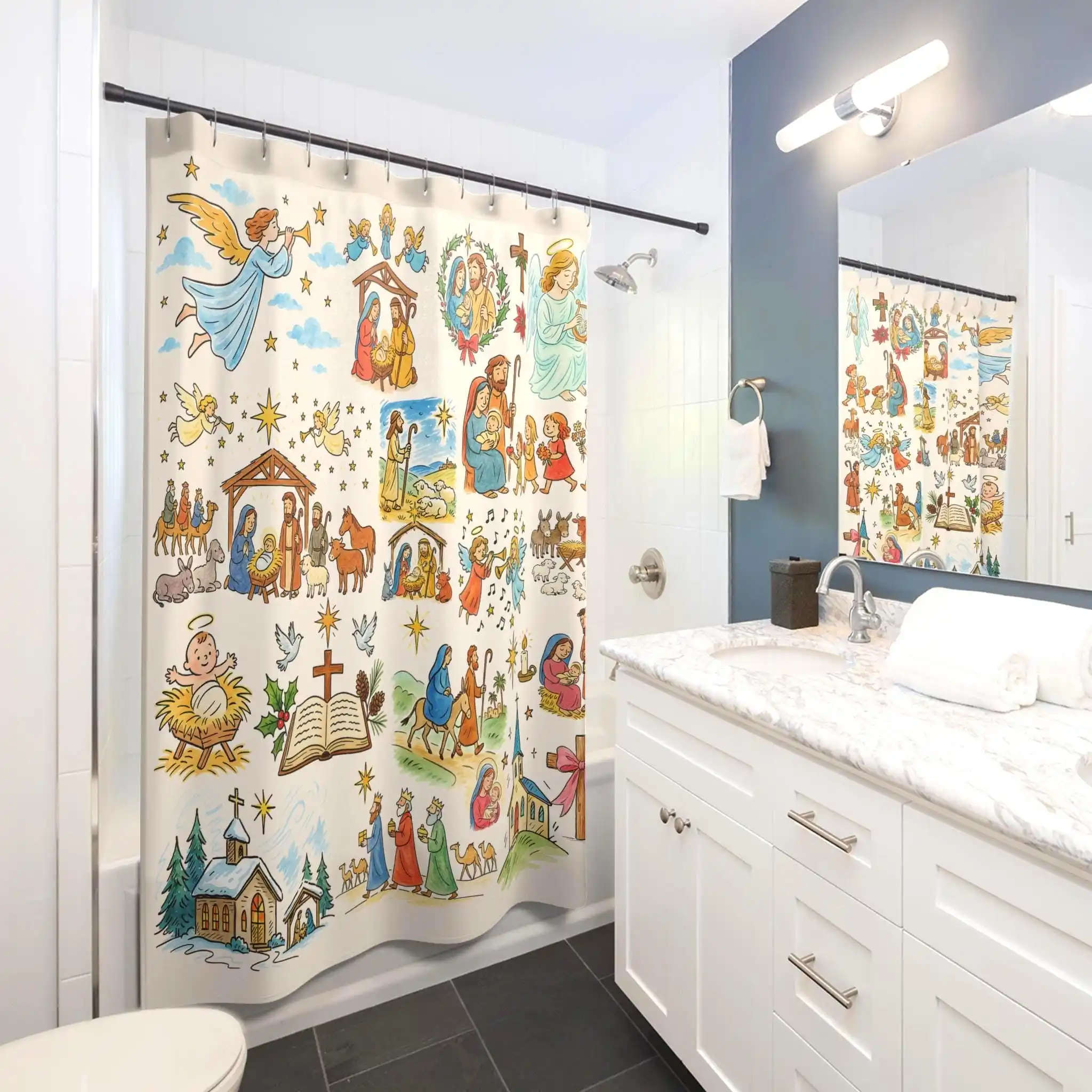 Colorful Religious Story Shower Curtain Christian Art Biblical Scenes Family Faith Bathroom Decor