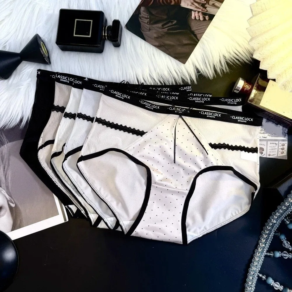 Breathable Mesh Women's Underwear Bow Satin Wave Point Underpants Hollowed-out Seamless Briefs Girl