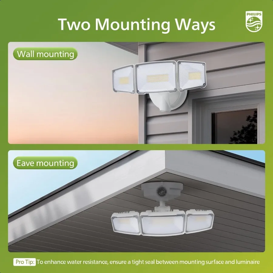 72W 7400LM Luci di sicurezza dal tramonto all'alba Luce di inondazione in alluminio a LED per esterni 3 teste regolabili Luce diurna 5000K impermeabile per Garag