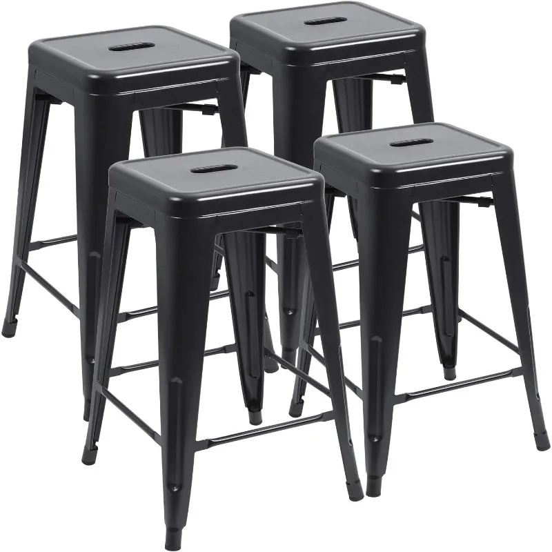 Barstools Stackable High Backless Stools Vintage Indoor Outdoor Stackable Kitchen Stools Set of 4 (Black)