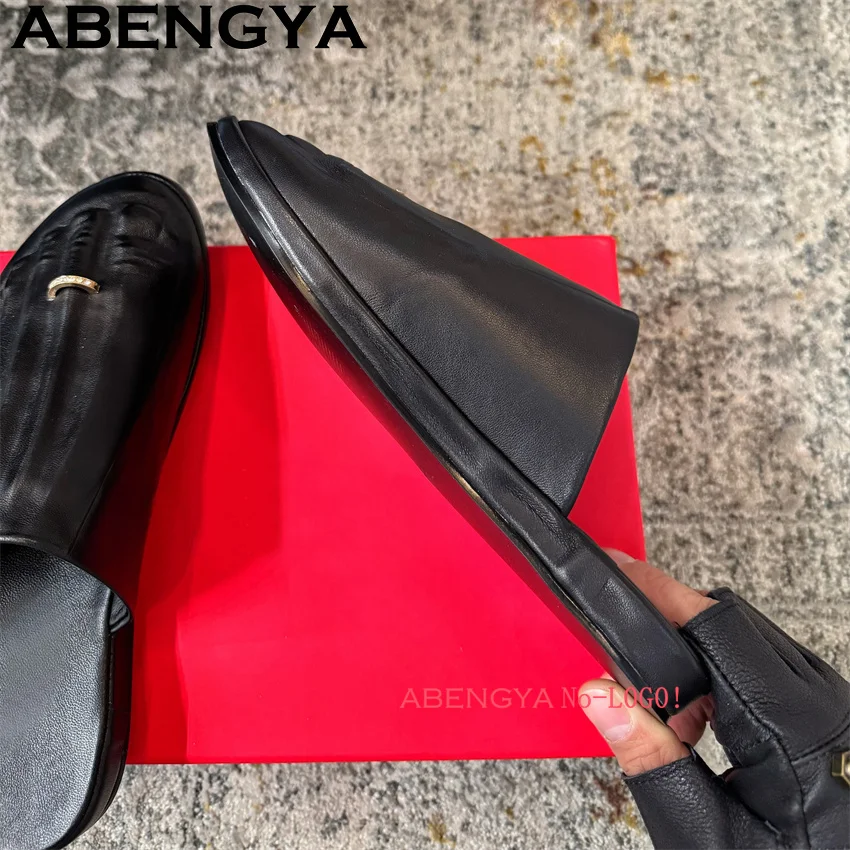 黒の本革巻きつま先ローファースリッパ女性用太った体型向けカジ - Loafer Flat Women のレビューと価格