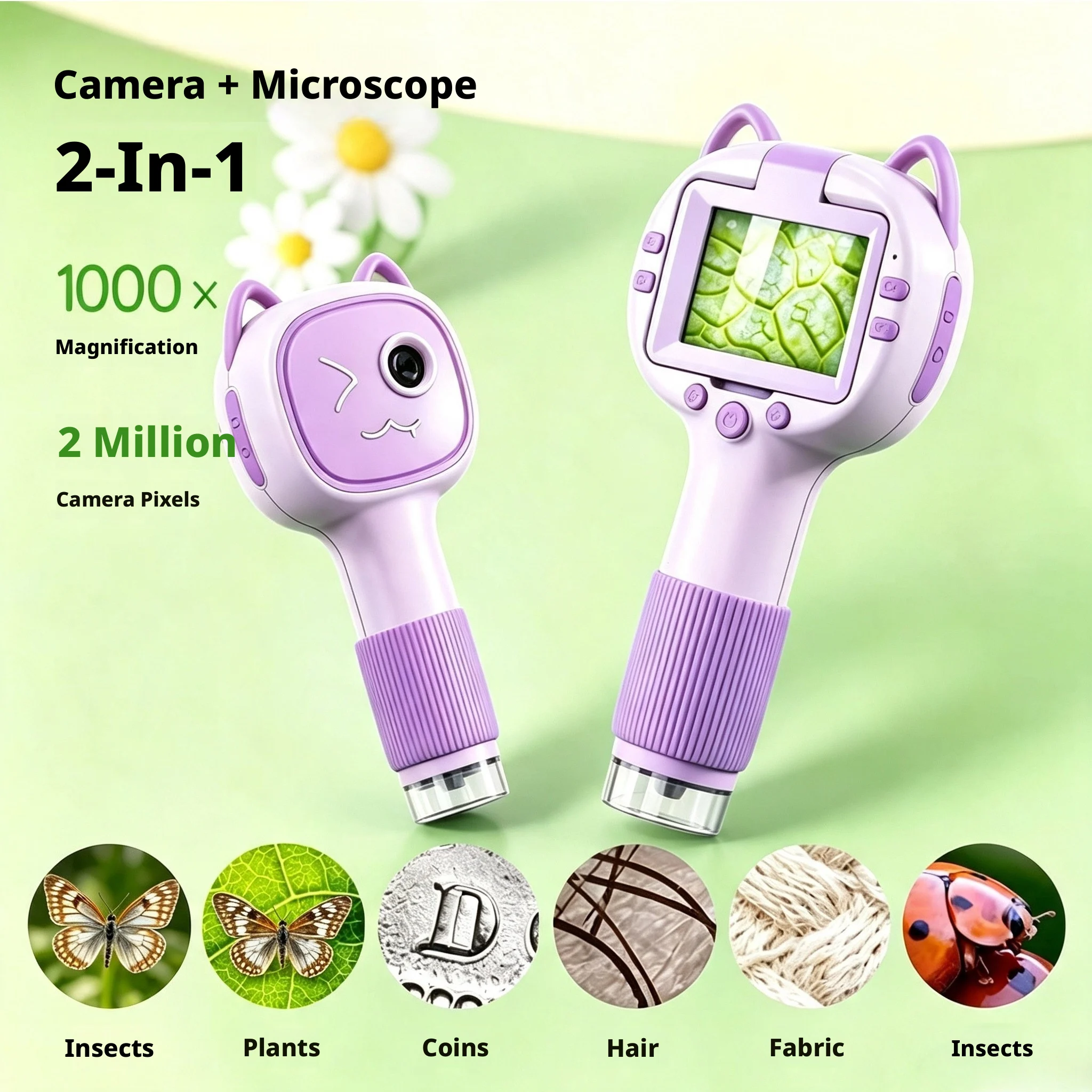 2-in-1 1000X Digital Microscope for Kids with 2.4
