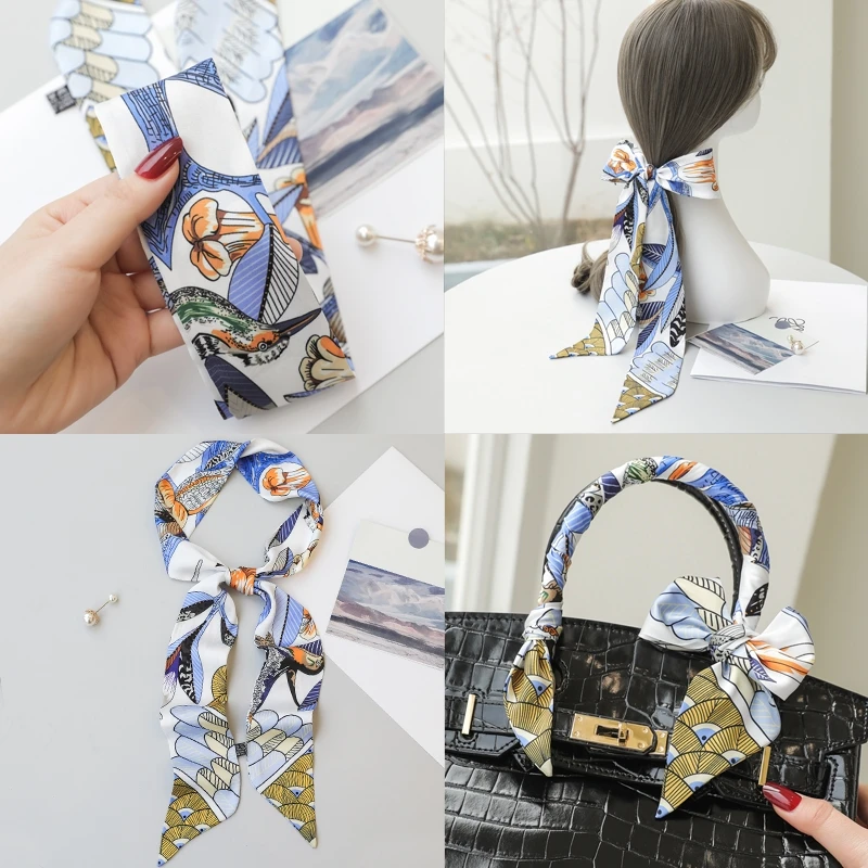 2022 Spring New Korean Ins Flower Bird Feather Women's Small Silk Scarf Binding Bag Handle Silk Ribbon Hair Band Small Scarf